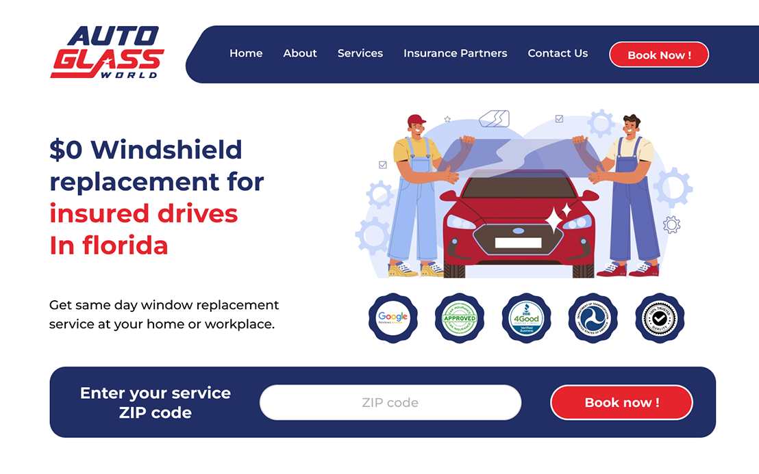 Auto Glass World website design displayed on desktop